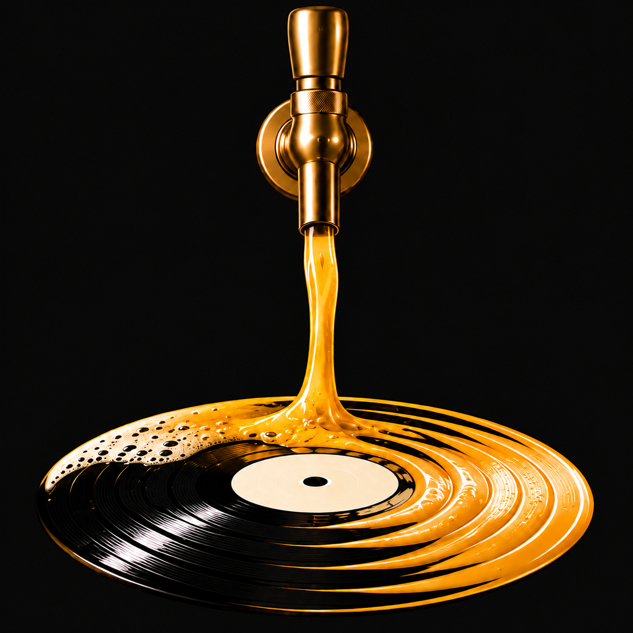 A golden beer tap pouring onto a vinyl record